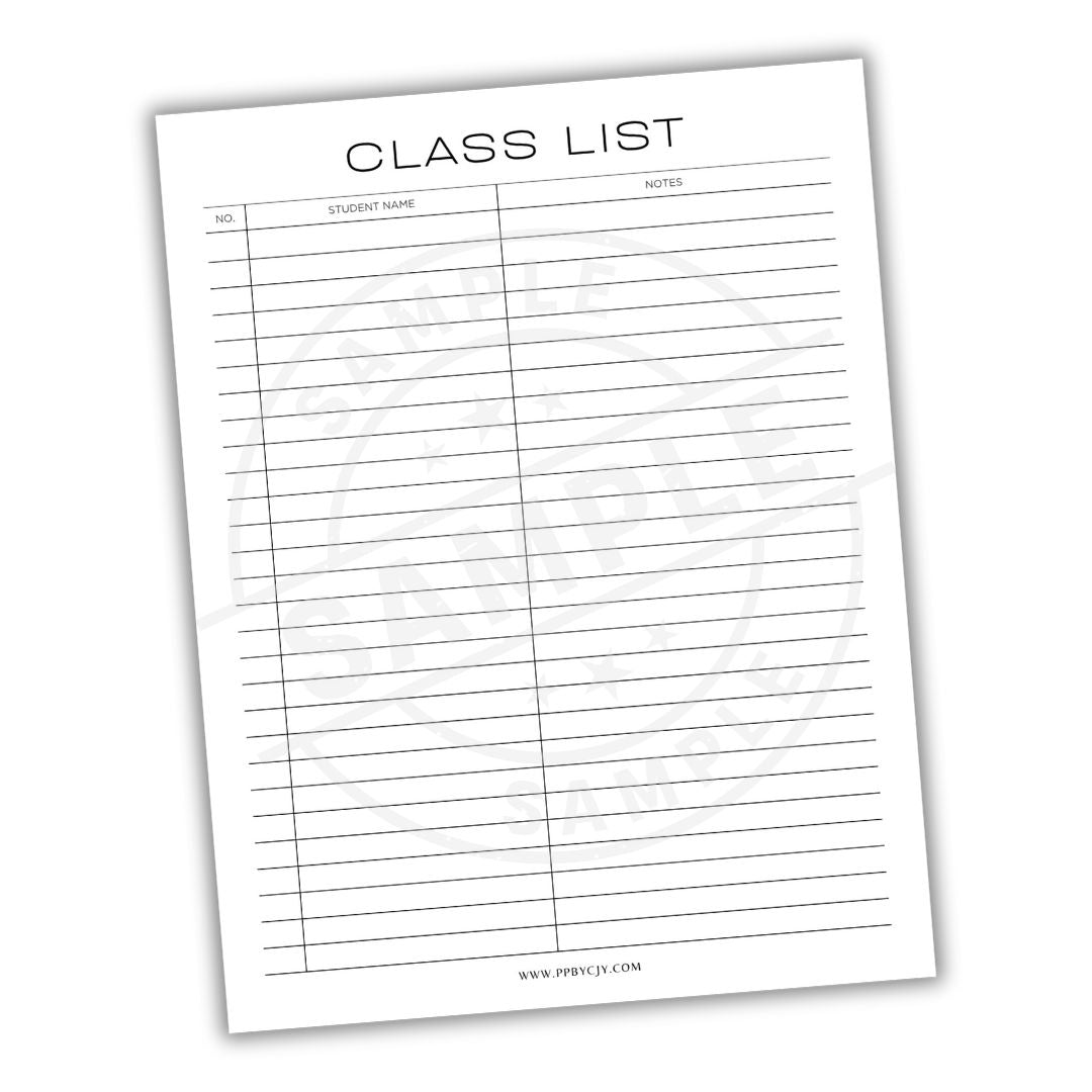 Class list sheet with columns for student name and notes on a white background