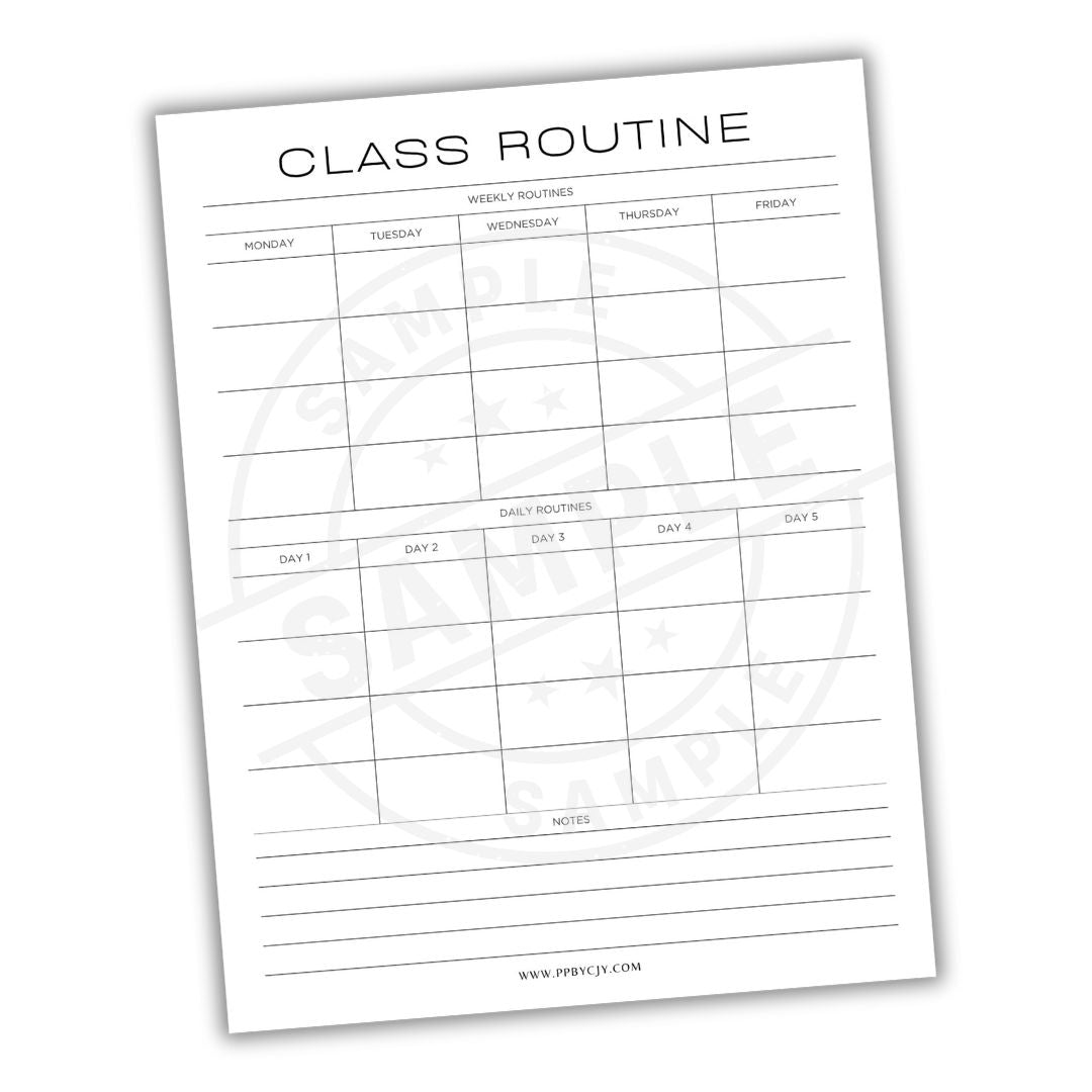 Class routine planner sheet with days of the week and daily routines.