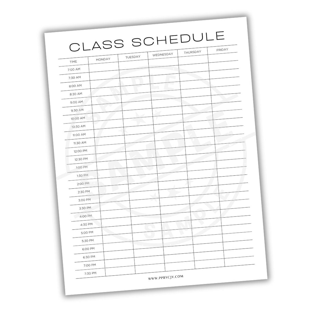 Class schedule sheet with time slots for Monday to Friday on a white background