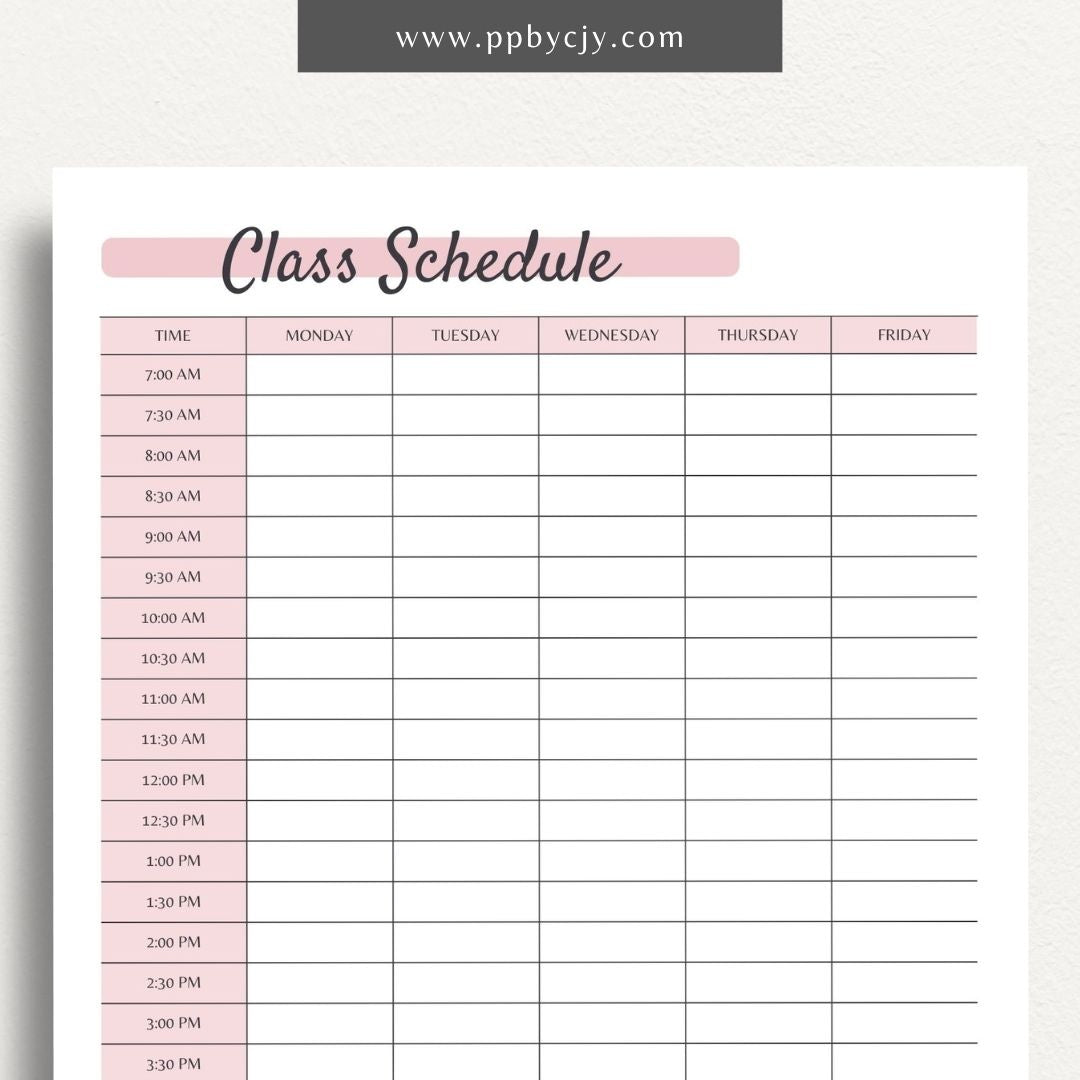 Class Schedule Printable PDF Template
