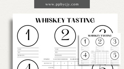 Whiskey Tasting Scorecard Printable Template – Digital download for evaluating and recording whiskey tastings, including sections for scoring aroma, flavor, finish, and overall impressions