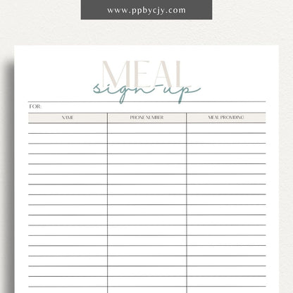 Meal Train Sign-Up Printable Template – Digital download for organizing and coordinating meal deliveries for someone in need.