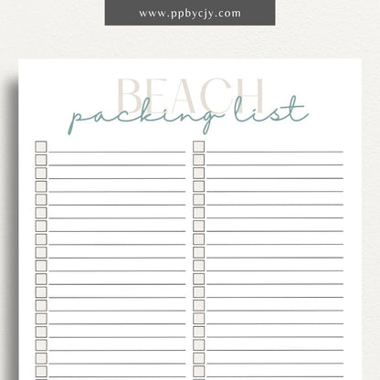 Beach Packing List Printable Template – Digital Download for Organizing and Packing for a Beach Trip