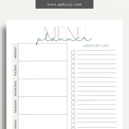 Weekly Meal Planner Printable Template – Digital download for organizing and planning meals for the week, including meal ideas, ingredients, and grocery lists