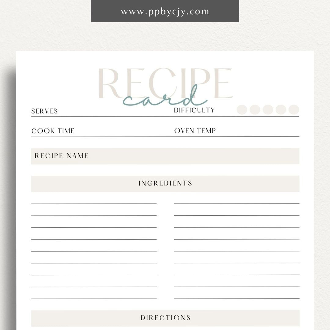 Recipe Card Printable Template – Digital download for organizing and documenting your favorite recipes and cooking instructions