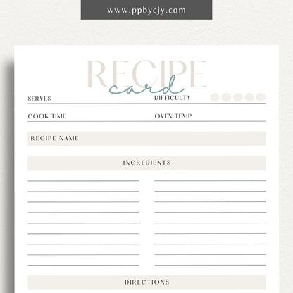 Recipe Card Printable Template – Digital download for organizing and documenting your favorite recipes and cooking instructions