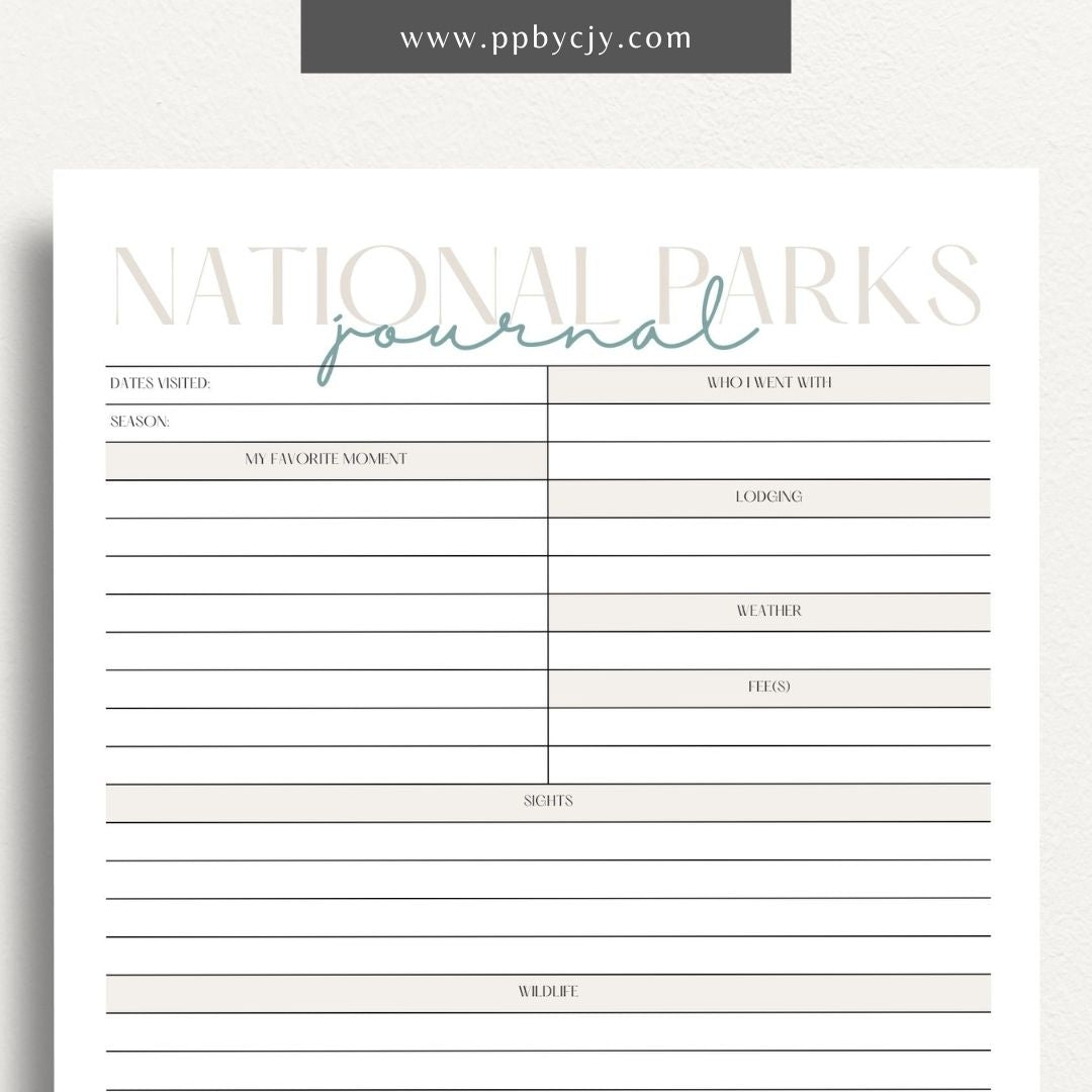 National Park Journal Printable Template – Digital download for tracking national park visits, hikes, wildlife, and more.