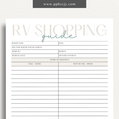 RV Shopping Guide Printable Template – Digital download for planning and organizing your RV purchase or upgrade, including features, checklists, and comparisons