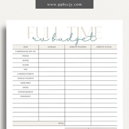 Full-Time RV Budget Printable Template – Digital download for planning and tracking expenses while living in an RV.