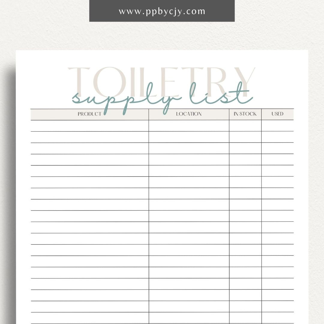 Toiletry Supply List Printable Template – Digital download for organizing and tracking bathroom essentials, personal care items, and travel packing