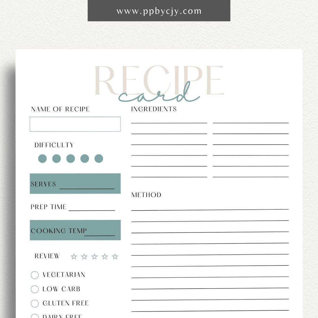 Recipe Card Printable Template – Digital download for organizing and documenting your favorite recipes and cooking instructions