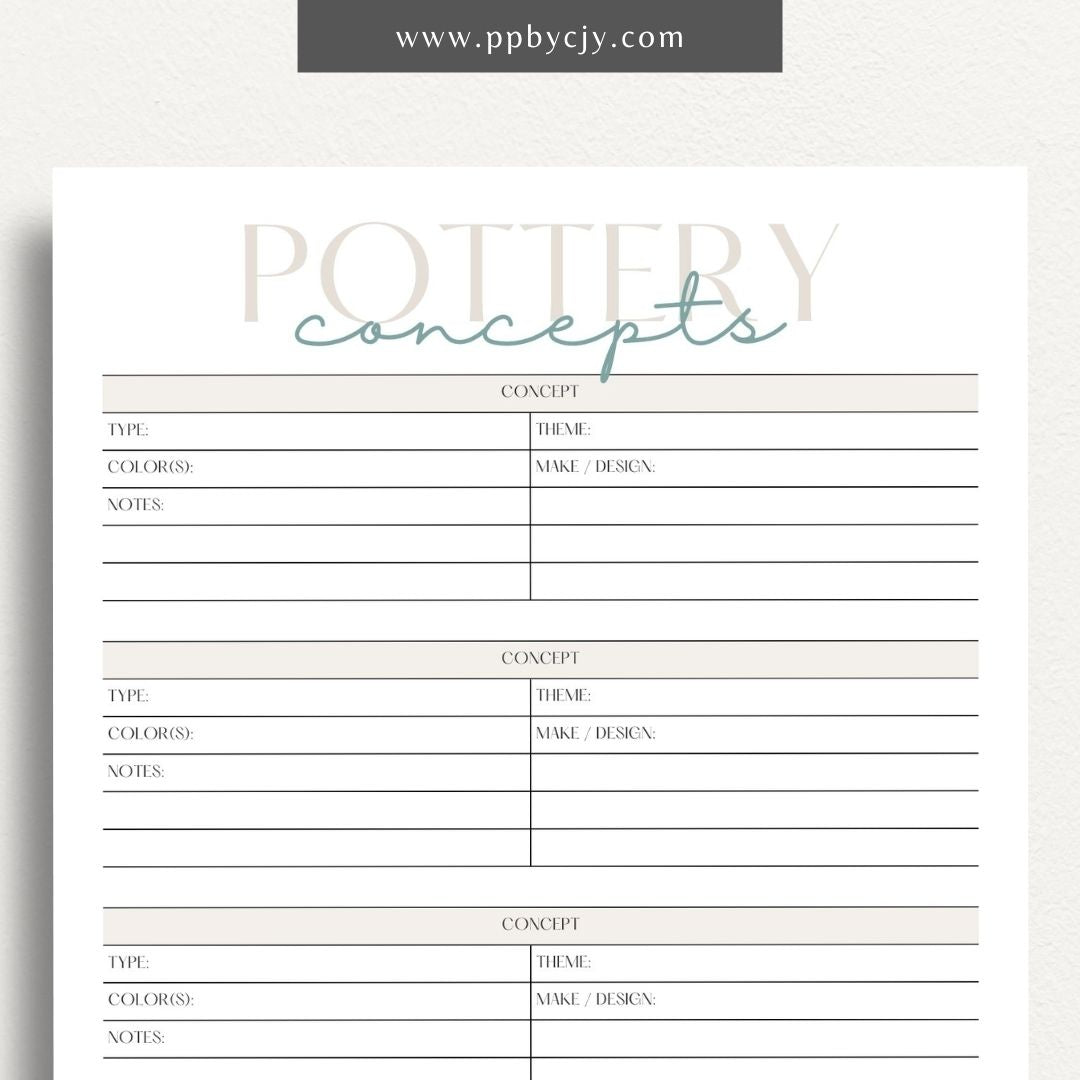 Pottery Concepts Printable Template – Digital download for planning and organizing ceramic design ideas, including sections for sketches, materials, and project tracking