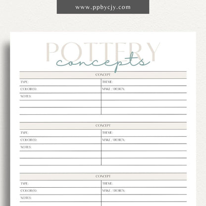 Pottery Concepts Printable Template – Digital download for planning and organizing ceramic design ideas, including sections for sketches, materials, and project tracking