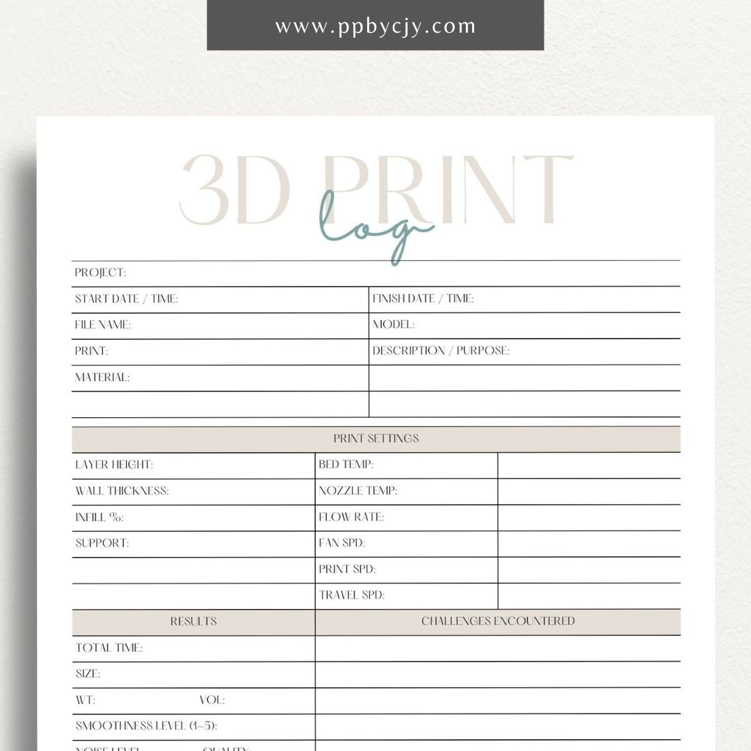 3D Print Log Printable Template – Digital Download for Tracking 3D Printing Projects and Details