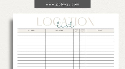 Photography Location List Printable Template – Digital download for organizing and tracking photography spots, photoshoot planning, and location details