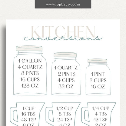 Recipe Ingredient Measurement Conversion Printable Template – Digital download for converting and referencing common ingredient measurements in recipes.