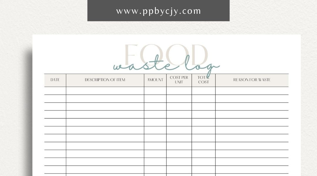 Restaurant Waste Log Printable Template – Digital download for tracking and managing waste in a restaurant, including types, quantities, and reasons for disposal