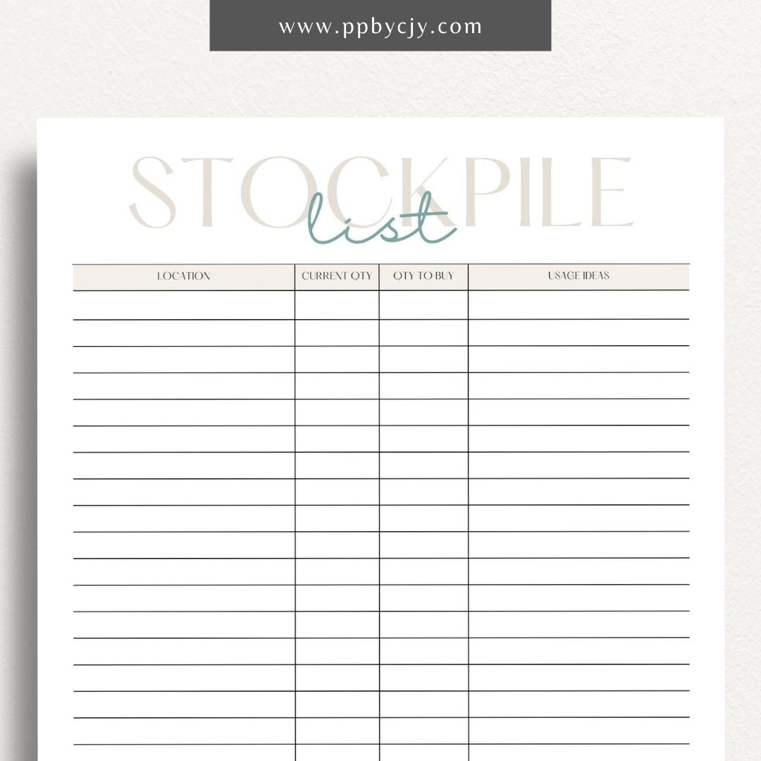 Stockpile List Printable Template – Digital download for tracking and organizing emergency supplies, food, water, and essentials inventory