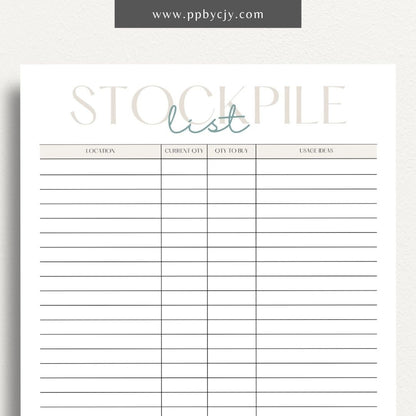 Stockpile List Printable Template – Digital download for tracking and organizing emergency supplies, food, water, and essentials inventory