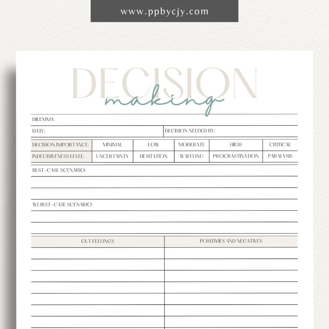 Decision-Making Sheet Printable Template – Digital download for evaluating options, listing pros and cons, and organizing thoughts for confident decision-making.