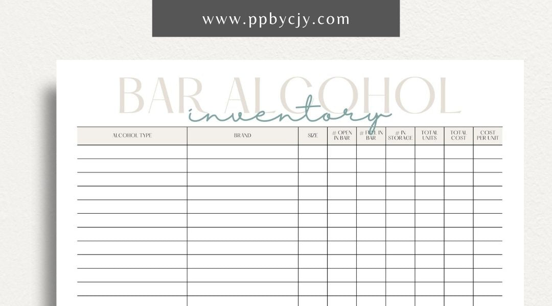 Alcohol Inventory Printable Template – Digital Download for Tracking and Managing Alcohol Stock