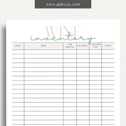 Wine Inventory Printable Template – Digital download for cataloging and managing your wine collection, including details like wine type, vintage, quantity, and storage location