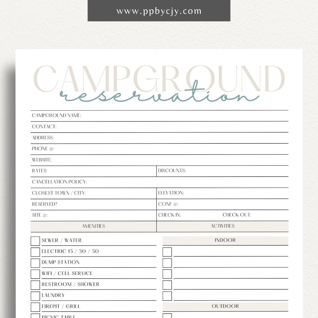 Campground Reservation Sheet Printable Template – Digital Download for Organizing and Managing Campground Reservations