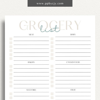 Food Grocery List Printable Template – Digital download for organizing and planning your grocery shopping.