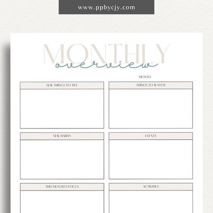 Monthly Overview Printable Template – Digital download for planning monthly schedules, setting goals, and organizing tasks.