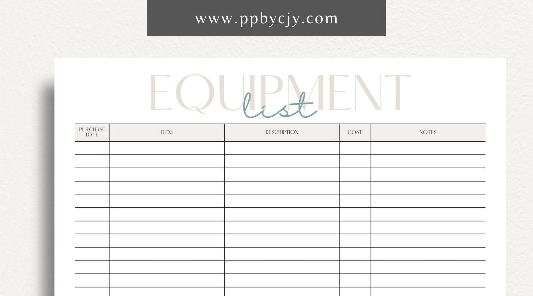 Equipment & Machine List Printable Template – Digital download for tracking and organizing machinery, maintenance schedules, and equipment inventory