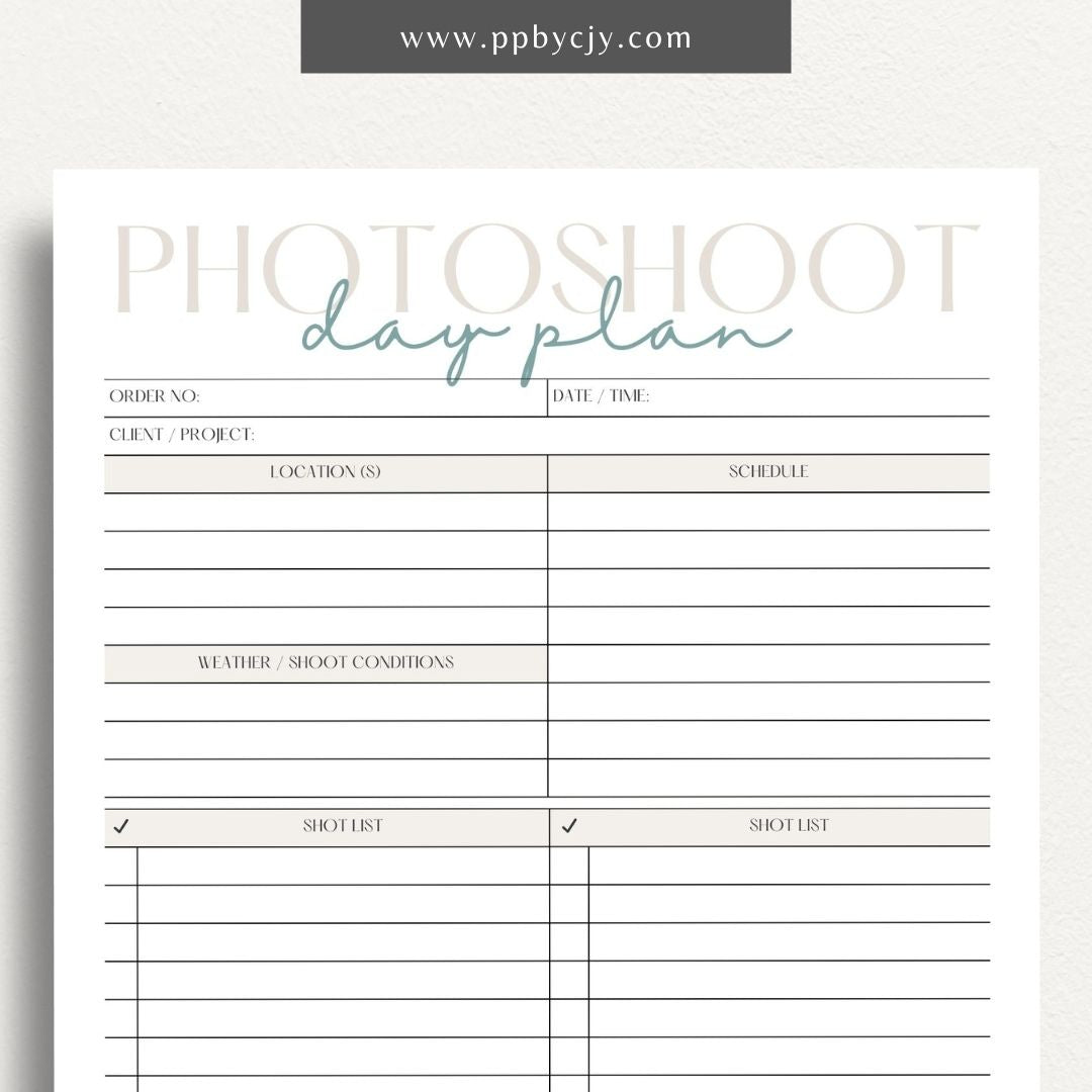 Photoshoot Day Plan Printable Template – Digital download for organizing and planning photography sessions, shoot day schedules, and equipment lists