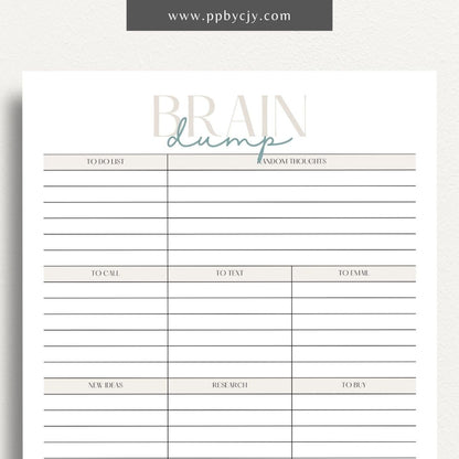 Brain Dump Printable Template – Digital download for decluttering the mind and organizing thoughts and ideas.