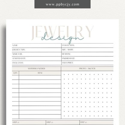 Jewelry Design Plan Printable Template – Digital download for organizing and planning jewelry designs with sections for sketches, materials, and measurements