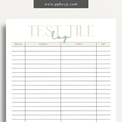 Pottery Test Tile Log Printable Template – Digital download for documenting and tracking ceramic glaze tests, including glaze types, temperatures, and observations