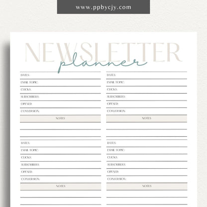 Newsletter Planner Printable Template – Digital download for organizing email campaigns, content scheduling, and newsletter planning