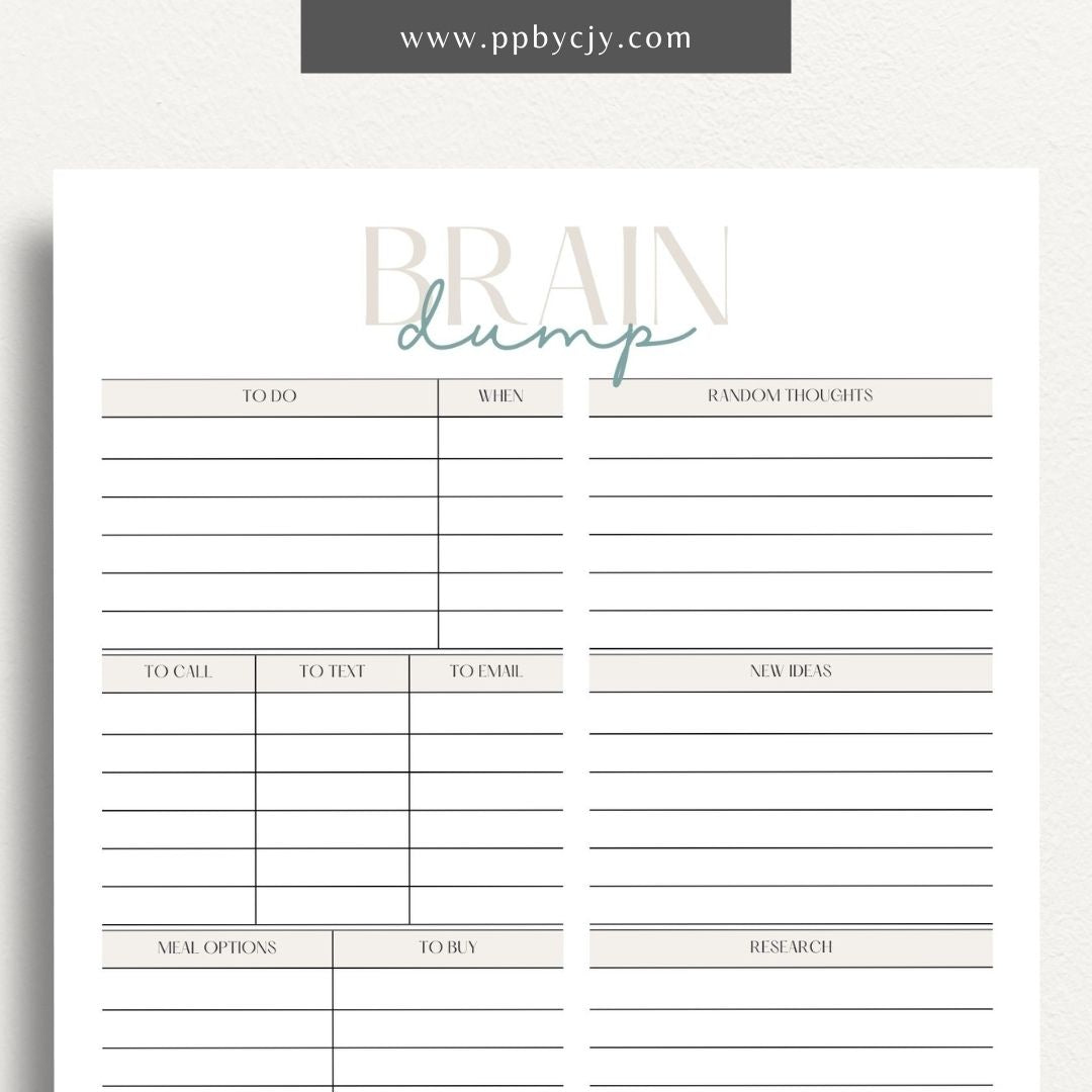 Brain Dump Worksheet Printable – Digital download for organizing thoughts, ideas, and tasks to achieve mental clarity.