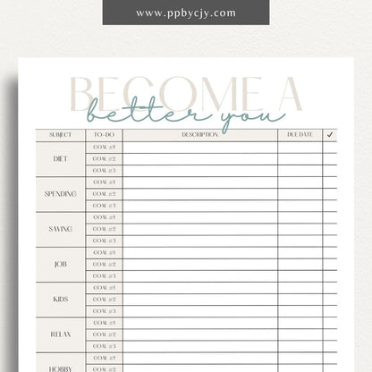 Become a Better You Worksheet Printable Template – Digital download for personal development and self-improvement tracking.