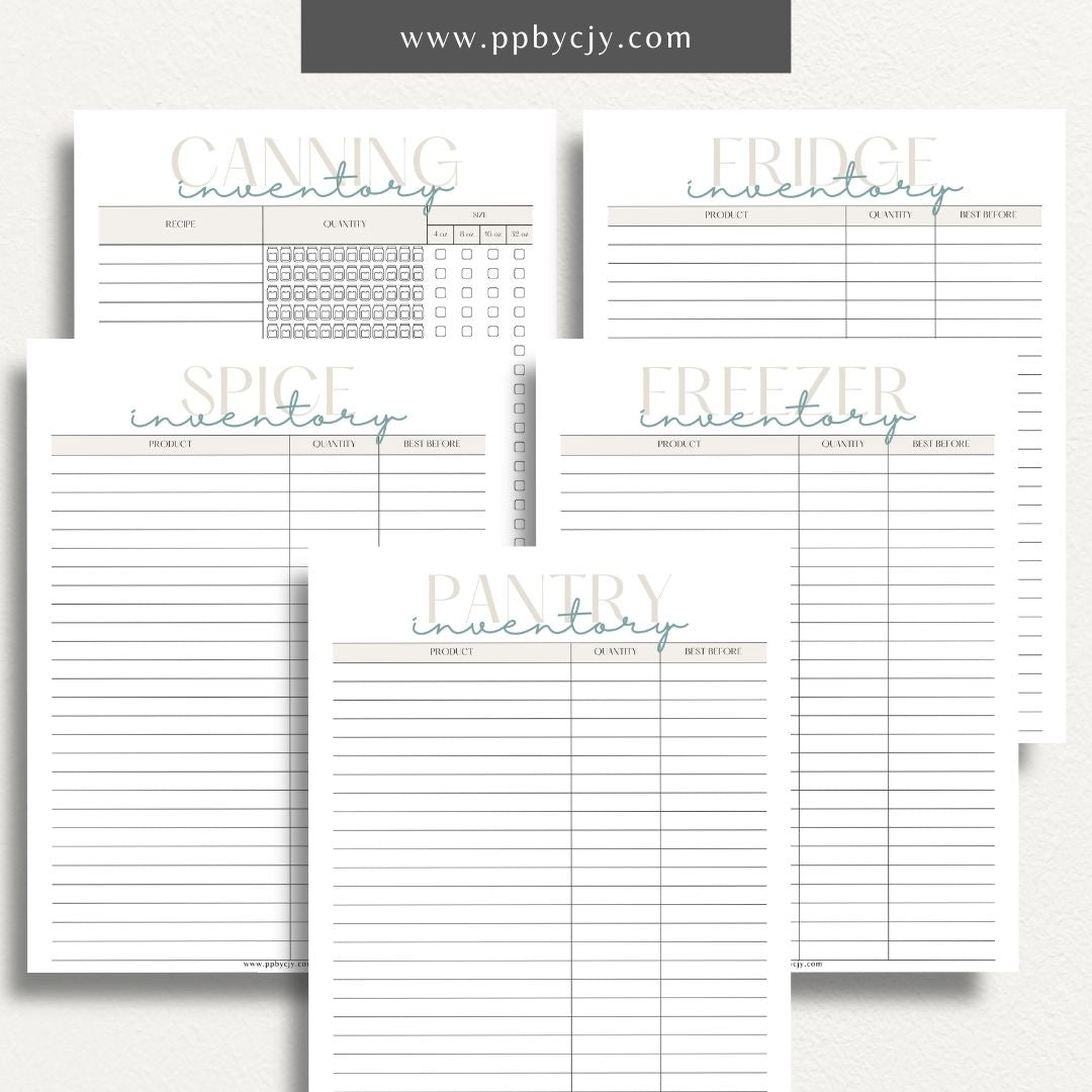 Kitchen Inventory Bundle Printable Template – Digital download featuring a collection of tools for organizing and managing your kitchen inventory, including pantry, refrigerator, and freezer.