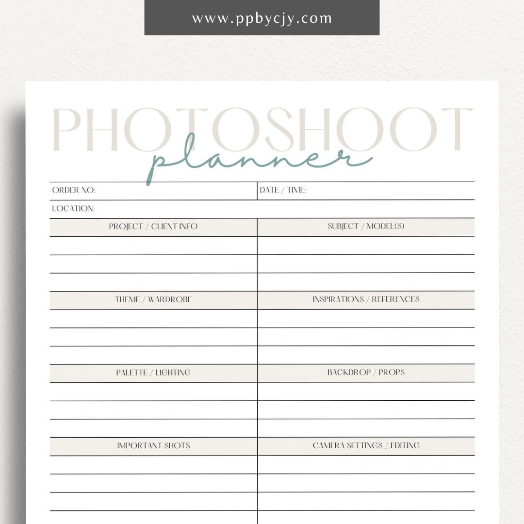 Photoshoot Planner Printable Template – Digital download for organizing and planning photography sessions, shot lists, schedules, and equipment"