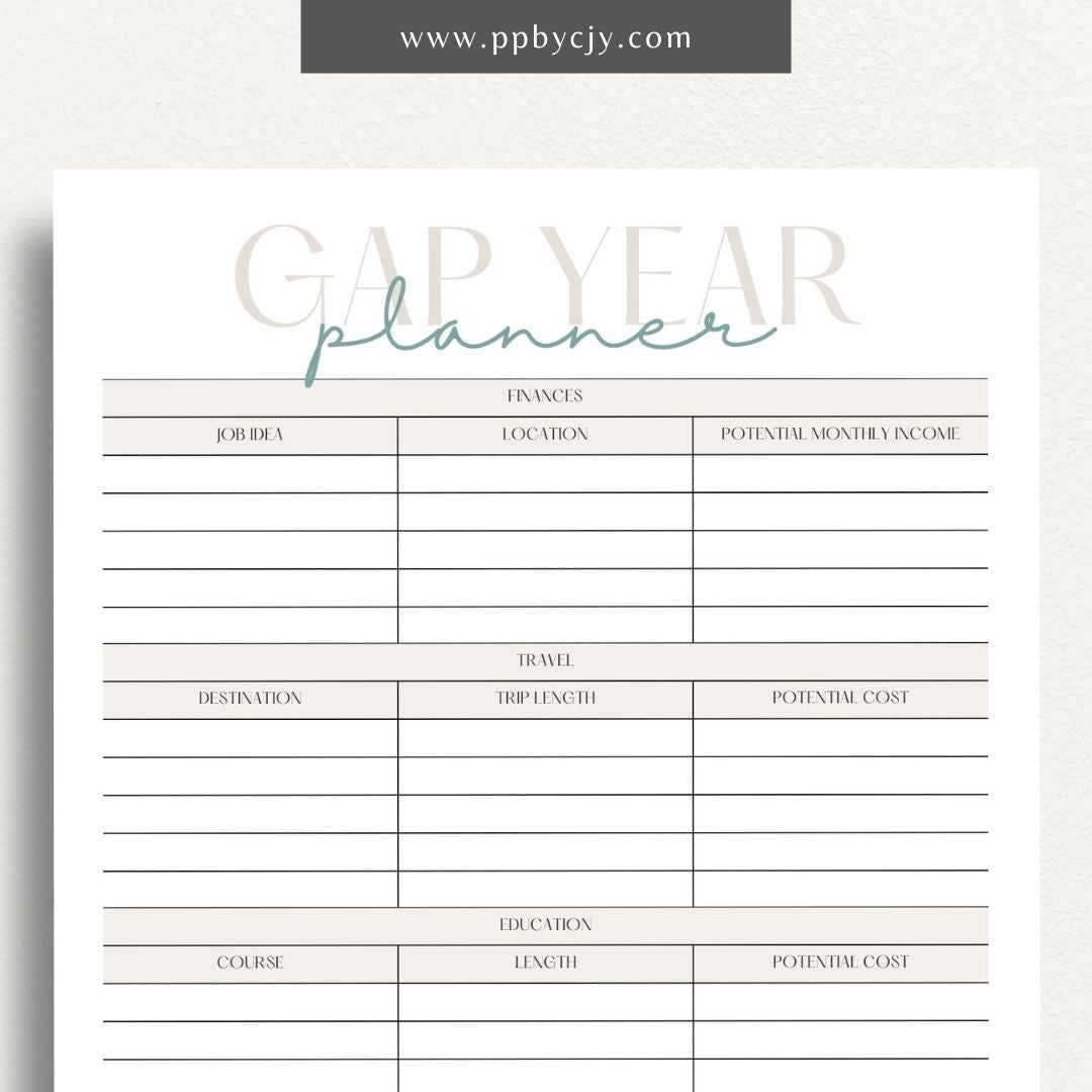 Gap Year Planner Printable Template – Digital download for organizing travel, setting goals, and tracking experiences during your gap year.