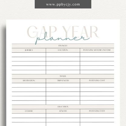 Gap Year Planner Printable Template – Digital download for organizing travel, setting goals, and tracking experiences during your gap year.