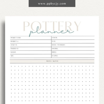 Pottery Planner Printable Template – Digital download for organizing ceramic projects, including design planning, material tracking, and firing schedules