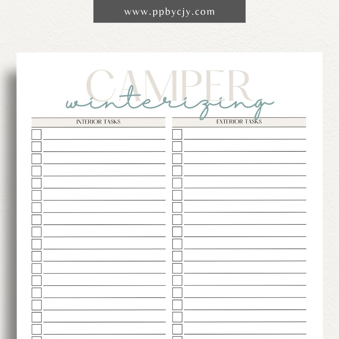 Camper Winterizing Sheet Printable Template – Digital Download for Organizing and Tracking Winterizing Tasks for Campers