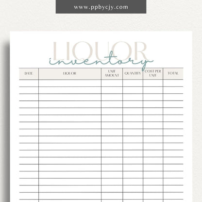 Liquor Inventory Printable Template – Digital download for organizing and managing your collection of liquor, including quantities, types, and locations.