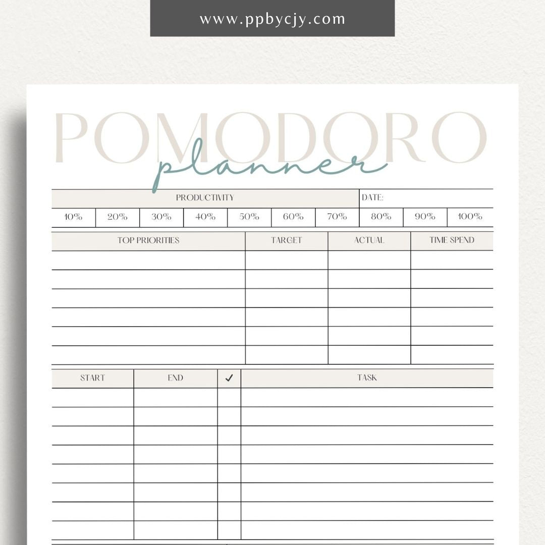 Pomodoro Planner Printable Template – Digital download for time management, productivity tracking, and focus improvement using the Pomodoro Technique.