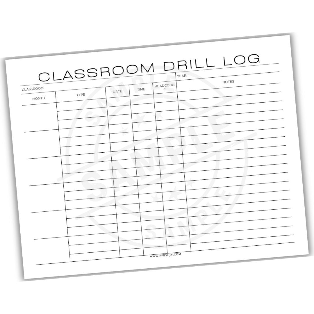Sheet of paper with 'Classroom Drill Log' at the top