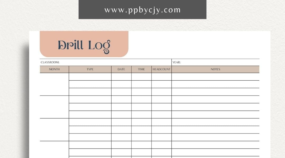 Classroom Drill Log Printable Template – Digital Download for Recording and Tracking Classroom Drills and Emergency Procedures