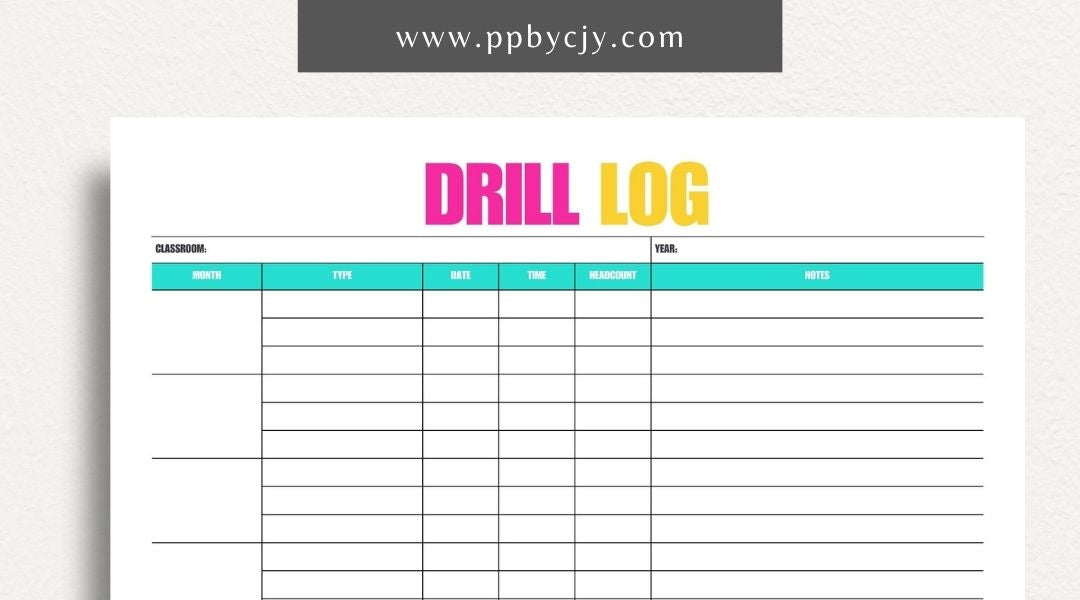 Classroom Drill Log Printable Template – Digital Download for Recording and Tracking Classroom Drills and Emergency Procedures