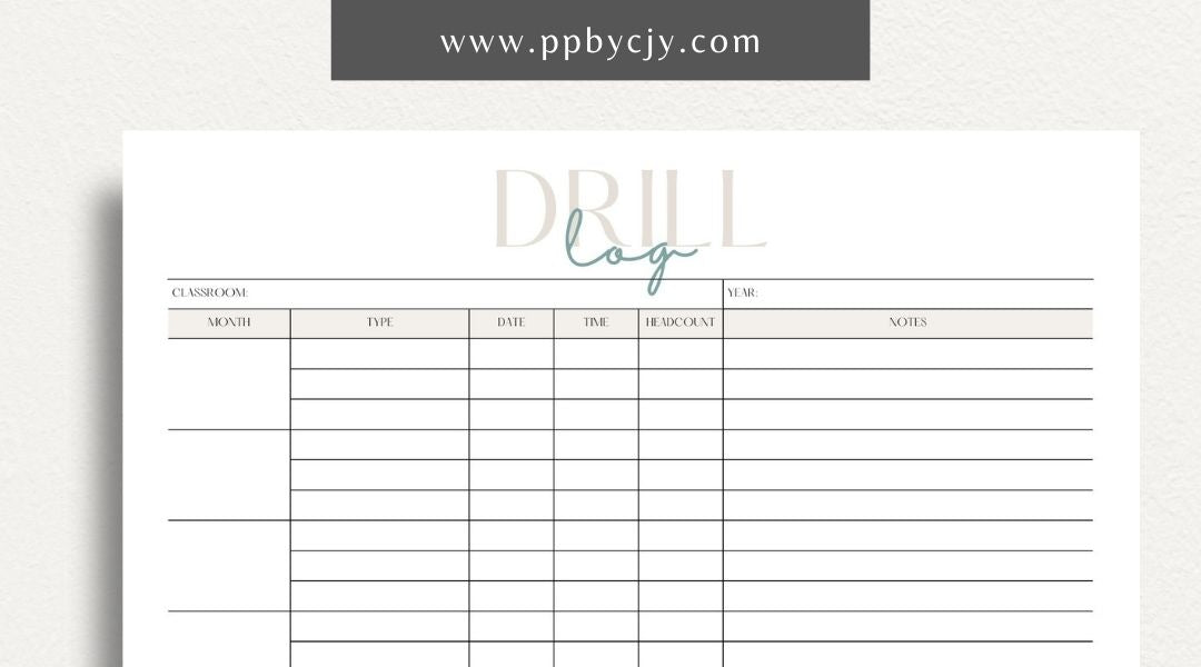 Classroom Drill Log Printable Template – Digital Download for Recording and Tracking Classroom Drills and Emergency Procedures