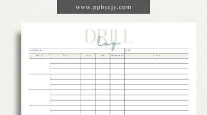 Classroom Drill Log Printable Template – Digital Download for Recording and Tracking Classroom Drills and Emergency Procedures